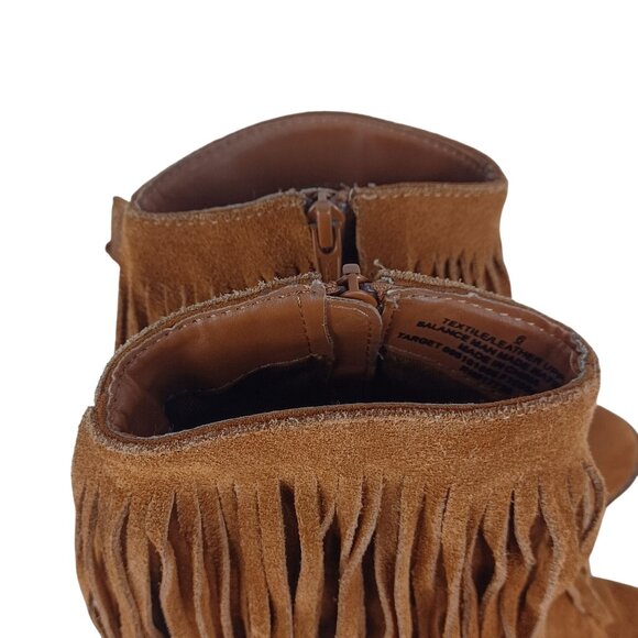 Western Fringe Ankle Boots Chunky Block Heel Zipper Brown Suede Round Toe Size 6 - Picture 11 of 14